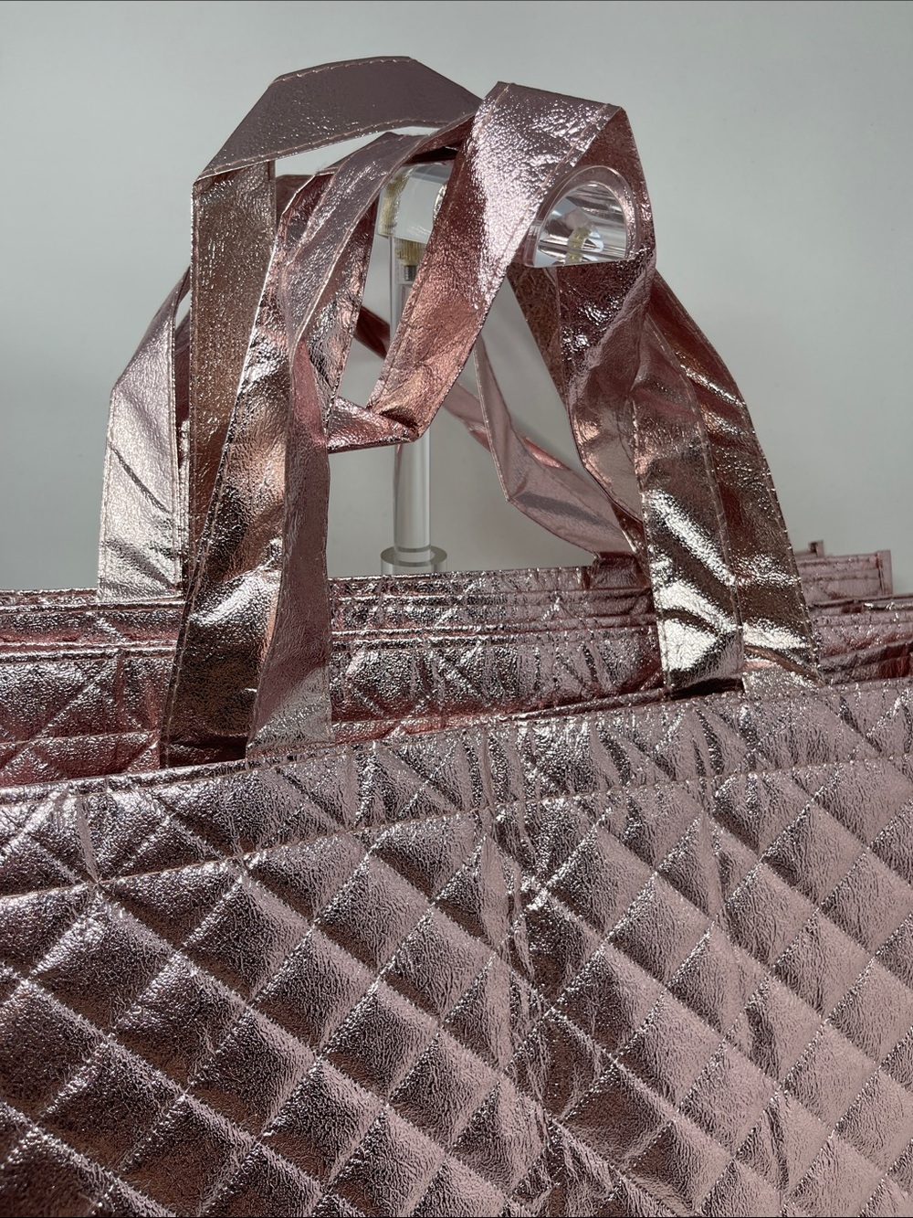 3 Metallic Quilted reusable Tote Bags - Rose Gold - Picture 2 of 4